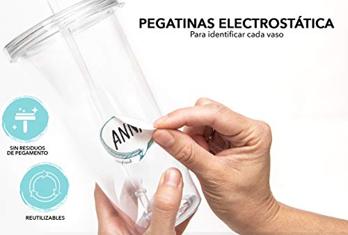 Vasos de Plástico Duro con Tapa y Pajita - Libre de BPA - Incluye Pegatinas Reutilizables y eBook de Coctelería - Set de 4 Vasos plasticos Reutilizables Transparentes de 700 ml - Marfrand