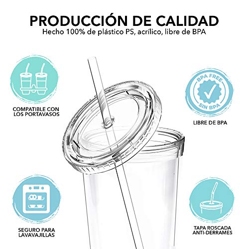 Vasos de Plástico Duro con Tapa y Pajita - Libre de BPA - Incluye Pegatinas Reutilizables y eBook de Coctelería - Set de 4 Vasos plasticos Reutilizables Transparentes de 700 ml - Marfrand