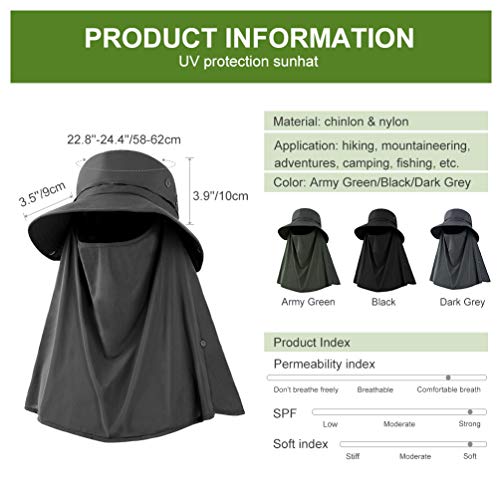 VBIGER Sombrero de Sol Protección UV para el Verano Ala Ancha Pesca Plegable Sombreros con Solapa Extraíble y Malla Transpirable (Gris oscuro)