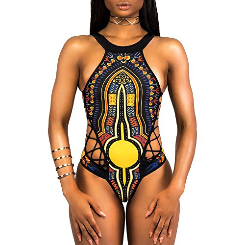 VECDY 2019 Bañador Monokini Push Up Traje De Baño étnico Vintage Siamés para Mujer Mujeres Vendaje De Una Pieza Bikini Bra Acolchado Ropa De Playa(Negro,S)