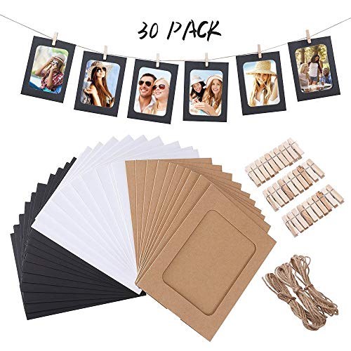 VEESUN Marco de Foto de Papel 30pcs Marcos de Bricolaje con Cuerda y Clip Marcos de Papel Kraft Decoración de la Foto para Colgar Pared Cumpleaños Matrimonio Aniversario Fiesta 6x4 Fotos