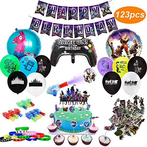 veeyiki Artículos de Fiestas para Fanáticos de los Videojuegos 123PCS Decoraciones para Cumpleaños de Tema de Videojuegos con Globos Pancartas Pulseras Luces de Dedo Pegatinas Adornos para Pasteles