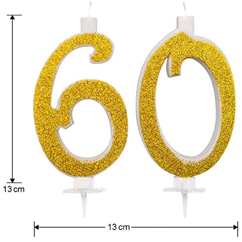 Velas Maxi 60 años para tarta fiesta cumpleaños 60 años | Decoraciones Velas de felicitación aniversario tarta 60 | Fiesta temática | Altura 13 cm dorado brillante