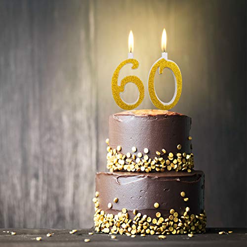 Velas Maxi 60 años para tarta fiesta cumpleaños 60 años | Decoraciones Velas de felicitación aniversario tarta 60 | Fiesta temática | Altura 13 cm dorado brillante