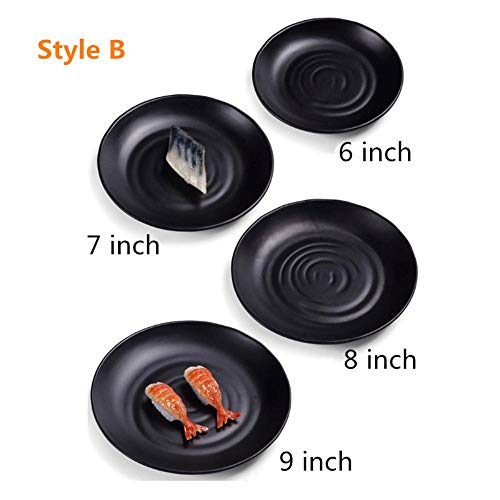 Venta caliente Plato de melamina Plato Negro redondo Sushi Espagueti Filete Ensalada Contenedor Olla caliente Tienda Cocina japonesa Barbacoa Cocina 1 PC, Estilo C, 8 pulgadas