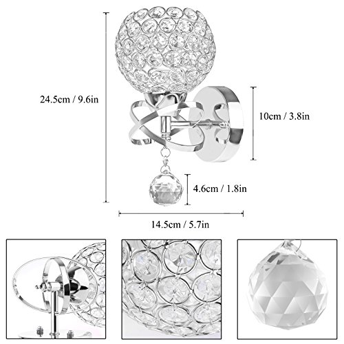 Verdelife Lámpara de pared de cristal de lujo, lámpara de pared decorativa de estilo moderno con enchufe E14 para dormitorio, sala de estar, pasillo, etc, plateado/dorado