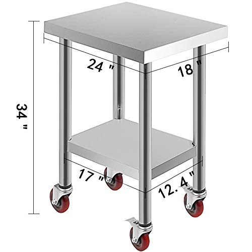 VEVOR Mesa de Trabajo de Cocina Mesa de Trabajo Acero Inoxidable para Cocina 61x45x86 cm con 4 Ruedas para Preparar Alimentos Mesa para Cocina Móvil