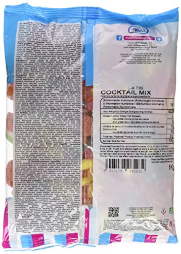 Vidal Golosinas. Cocktail Mix surtido de plátanos, botellas cola, ositos y gomitas. Sabores plátano, fresa, cola, limón y naranja. Bolsa 1 kg