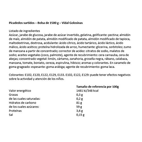 Vidal Golosinas. Dedos Pica surtidos. Caramelo de goma con sabor pica. Colores rosa, amarillo, naranja y verde. Bolsa 1,5 kg