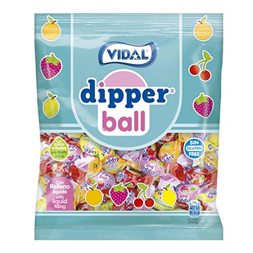 Vidal Golosinas Dipper Ball. Caramelo blando relleno de golosina líquida. Deliciosos sabores frutales: fresa, cereza, limón y naranja. Bolsa 900 gr.