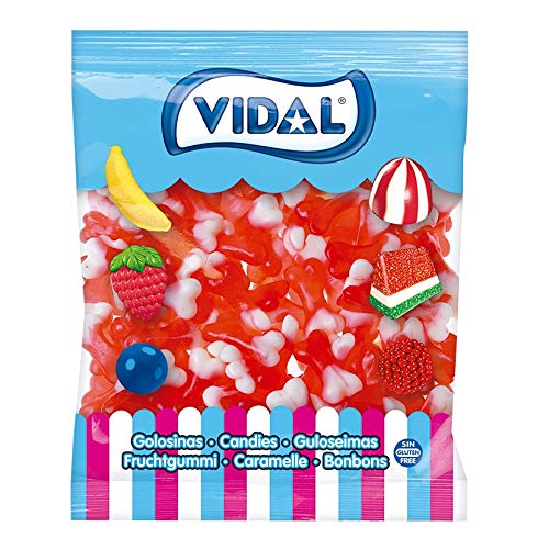 Vidal Golosinas. Huesos brillo. Color blanco y rojo. Sabor fresa. Bolsa 1 kg.