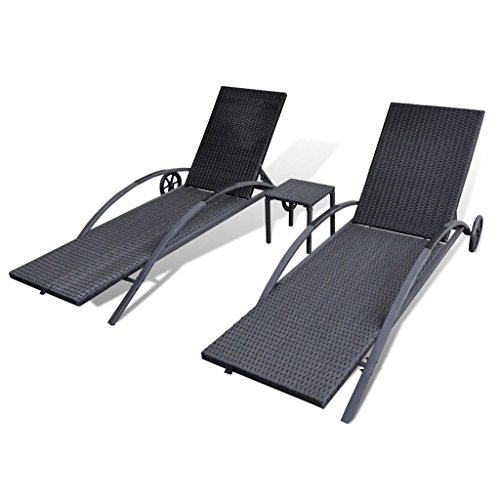 vidaXL Juego de Tumbonas con Mesita y Cojín Blanco Hamacas de Piscina Terraza Patio Sofá Asiento Aire Libre de Poli Ratán Sintético Negro