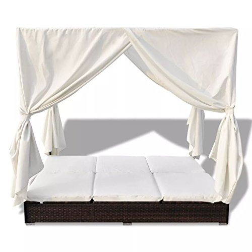 vidaXL Tumbona con Toldo y Cortinas Ratán PE Marrón y Blanca Cama de Jardín