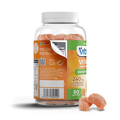 VITALDIN Vitamina C gummies - 240 mg por dosis diaria - 80 gominolas (suministro para 1 mes aprox.), sabor a Naranja - Refuerza el Sistema Inmunitario - Sin Gluten - Apto para Niños & Adultos