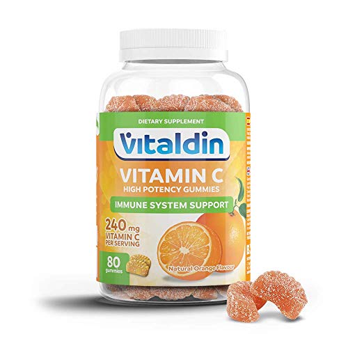 VITALDIN Vitamina C gummies - 240 mg por dosis diaria - 80 gominolas (suministro para 1 mes aprox.), sabor a Naranja - Refuerza el Sistema Inmunitario - Sin Gluten - Apto para Niños & Adultos