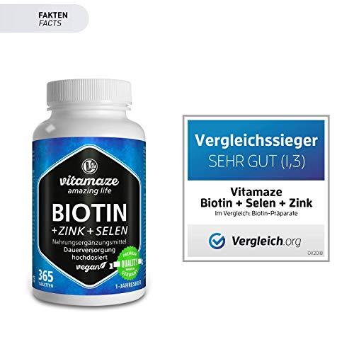 Vitamaze® Biotina 10000 mcg de Dosis Alta + Selenio + Zinc para Crecimiento del Cabello, Cabello y Uñas - 365 Tabletas Veganas para 1 Año, Calidad Alemana, sin Aditivos Innecesarios