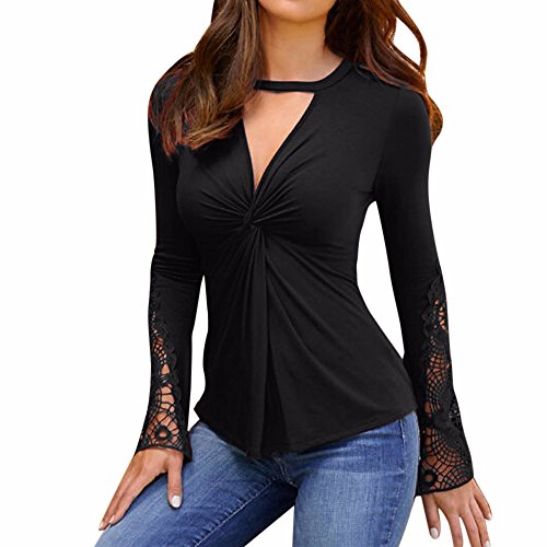 VJGOAL Moda Casual para Mujer Sexy con Cuello en v Patchwork de Encaje Manga Larga parcialmente ahuecada Camisa Jersey Blusa Tops