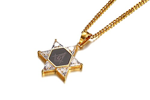 VNOX Cubic Zirconia de Acero Inoxidable para Hombre Estrella de David Hexagon Colgante de Masonic Lucio Masonic Mason Oro