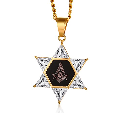 VNOX Cubic Zirconia de Acero Inoxidable para Hombre Estrella de David Hexagon Colgante de Masonic Lucio Masonic Mason Oro