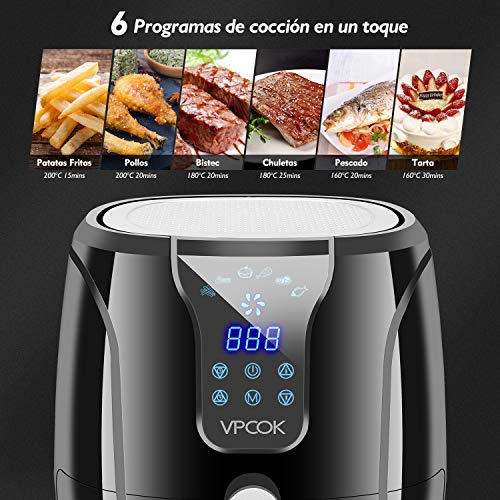 VPCOK Freidora sin Aceite, XL Freidora de Aire Caliente con 6 Programas, Air Fryer con Temperatura y Temporizador Ajustable, Cesta Antiadherente, Libre de BPA