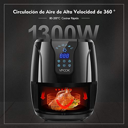 VPCOK Freidora sin Aceite, XL Freidora de Aire Caliente con 6 Programas, Air Fryer con Temperatura y Temporizador Ajustable, Cesta Antiadherente, Libre de BPA