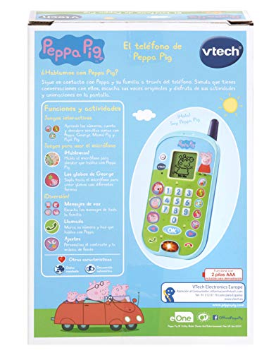 VTech - El teléfono de Peppa Pig, Móvil electrónico interactivo que simula una conversación telefónica, Voces de todos los personajes de la familia, actividades y animaciones (3480-523122)