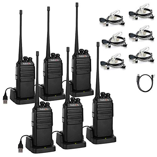 Walkie Talkies Radioddity GA-2S UHF Recargable Emisoras de Caza Largo Alcance Conexión de Carga Micro-USB con Auricular de Enlace acústico con Micro, Pack 6 y 1 Cable de programación