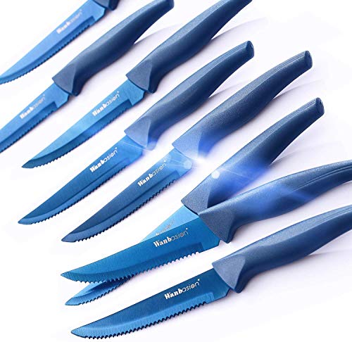 wanbasion 8 Piezas Azul Cuchillos De Carne Acero Inoxidable Cortar, Set De Cuchillos De Mesa Sierra, Juego De Cuchillos para Filetear Carne Arcos Cocina Filo