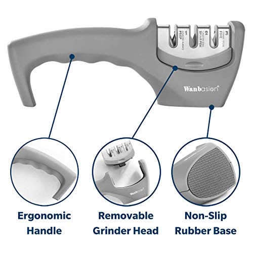 Wanbasion Gris Afilador de Cuchillos Manual de 3 Etapas, Afilador de Cuchillos de Cocina Profesional Diamante, Afilador de Cuchillos de Cocina Ceramica Dentados Inoxidable