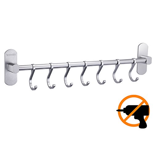 Wangel Adhesivo 7 Gancho Barra Soportes y Organizadores para Utensilios de Cocina, Pegamento Patentado + Autoadhesivo, Aluminio, Acabado Mate, 40CM