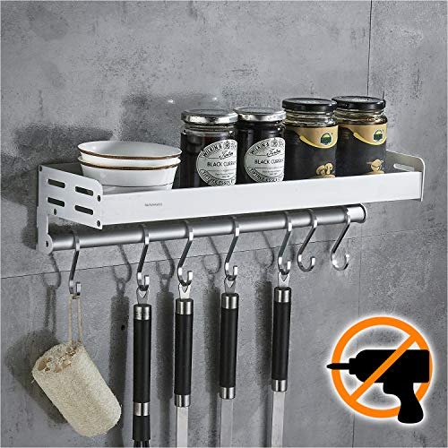 Wangel Estante de Cocina con 7 Ganchos, Organizadores para Utensilios de Cocina, Organizador para Especias, Pegamento Patentado + Autoadhesivo, Aluminio, Acabado Mate, 40CM