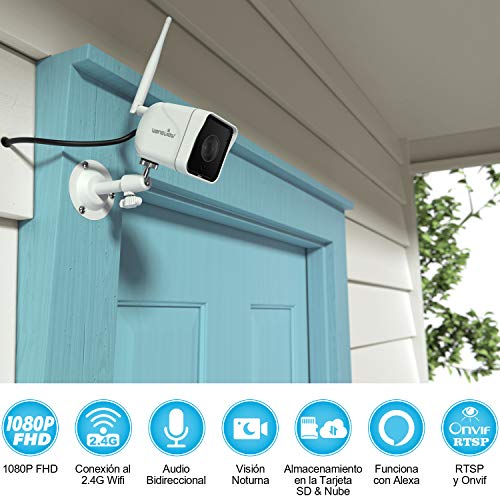 Wansview Cámara Vigilancia WiFi Exterior, 1080P Cámara IP WiFi de Seguridad con Visión Noturna Detección de Movimiento Audio Bidireccional, Soporta Alexa RTSP Onvif, IP66 Impermeable, W6 (Blanco)