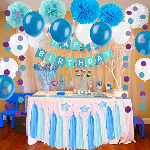 Wartoon 43 Pcs Papel Pom Poms Flores Tissue Globo Tassel Garland Polka Dot Kit de Guirnalda de Papel para Las Decoraciones del Banquete de Boda de Cumpleaños - Azul y Blanco