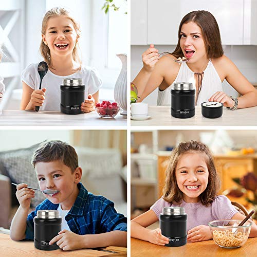 WayEee Termo para Sólido y Líquido Frasco Térmico de Acero Inoxidable con Cuchara Taza Aislada para Comida Bebida Termo Comida Cafe Pures Regalo para Mayores Adultos Niños (Negro 450ml)