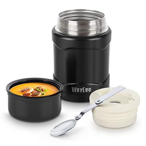 WayEee Termo para Sólido y Líquido Frasco Térmico de Acero Inoxidable con Cuchara Taza Aislada para Comida Bebida Termo Comida Cafe Pures Regalo para Mayores Adultos Niños (Negro 450ml)