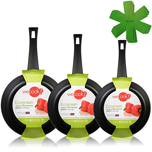 WECOOK Ecogreen Set Juego 3 Sartenes 18-20-24 cm Aluminio, inducción, Antiadherente ecológico sin PFOA, Limpieza lavavajillas Apta para Todas Las cocinas, vitroceramica, Gas, Negro