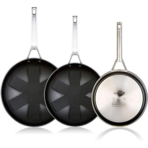 WECOOK Ecosteel Set Juego 3 Sartenes 20-24-28 cm inducción, 3 Capas Antiadherente Titanio sin PFOA, 4,2mm Espesor, Mango Acero INOX, Apta Todas Las cocinas, vitroceramica, Gas, Horno