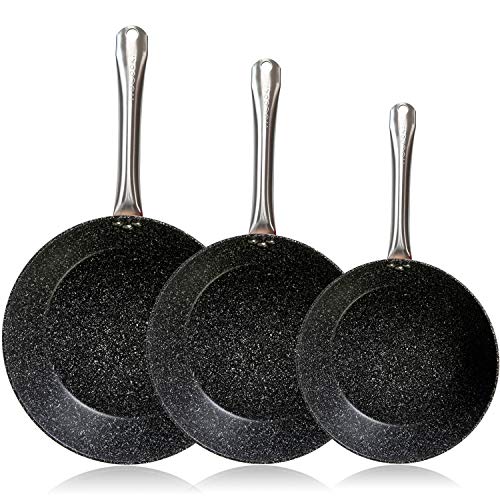 WECOOK Professional Set Juego 3 Sartenes 18-20-24 cm inducción, Antiadherente Piedra sin PFOA, Recubrimiento Exterior Silicona Color Cobre, Mango Acero INOX, Vitroceramica, Gas, Horno