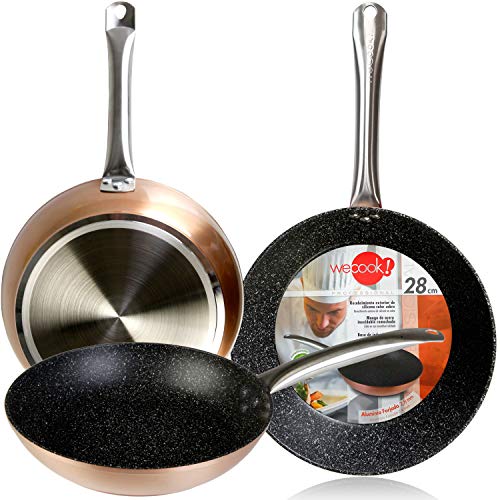 WECOOK Professional Set Juego 3 Sartenes 18-22-26 cm inducción, Antiadherente Piedra sin PFOA, Recubrimiento Exterior Silicona Color Cobre, Mango Acero INOX, vitroceramica, Gas, Horno