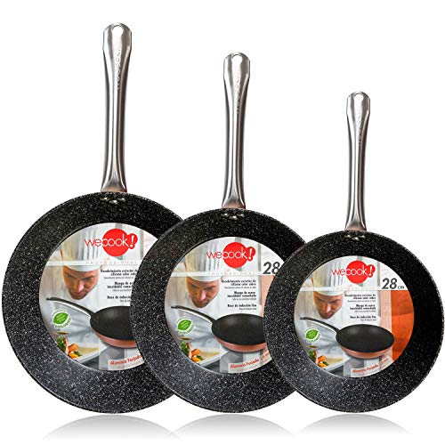 WECOOK Professional Set Juego 3 Sartenes 18-22-26 cm inducción, Antiadherente Piedra sin PFOA, Recubrimiento Exterior Silicona Color Cobre, Mango Acero INOX, vitroceramica, Gas, Horno