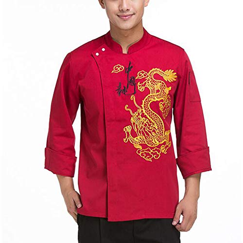 wei Señoras Chef Saco Chaqueta Bordado Comida Servicio Cocina Uniforme Ropa Prima Humedad Mecha Tela Cocinar Camisas,Rojo,M