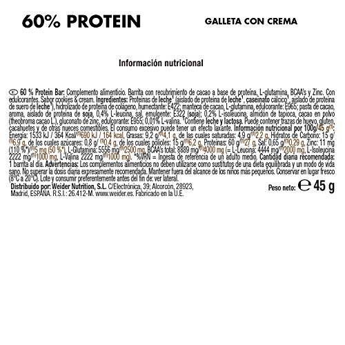 Weider 60% Protein Bar Cookies & Cream 24 x 45 gr. La barrita con más proteína del mercado. Con 4 g de BCAAs por barrita.