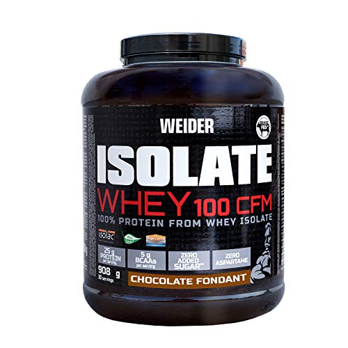 Weider Isolate Whey 100CFM 908gr Chocolate. 100% aislado de proteina de suero. Cero azúcar, cero aspartamo, con stevia, con dygezime, con BCAA, apto para veganos. Isolac. Para dietas keto.