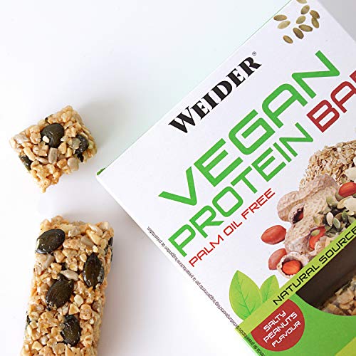 Weider Vegan Protein Bar. Sabor Cacahuete Salado. Mezcla de proteína vegetal, cereales y semillas. Sin gluten. Sin lactosa. Sin aceite de palma (3x35 g)