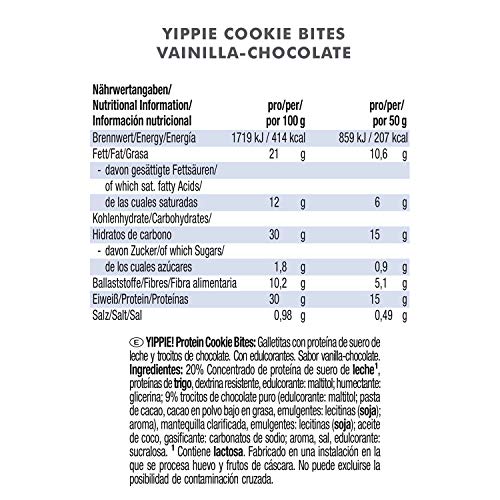 Weider Yippie Cookies. Galletas con Proteína y Chocolate Puro. Sin aceite de palma (6x 50 g). 15 g de proteínas por bolsita. Bajas en azúcar.