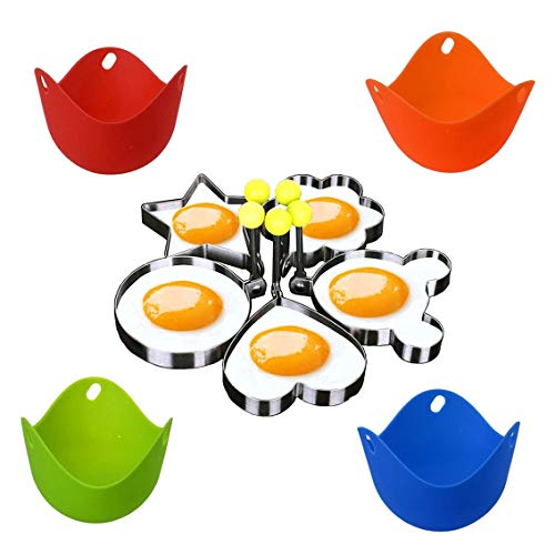 WENTS Juego de 4 vasos de silicona para huevos y 4 moldes de huevo frito de acero inoxidable antiadherente con mango para hacer tartas, tortitas, galletas, huevos fritos