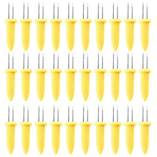 Wenxiaw Maiz Accesorios Barbacoa Tenedor de Fruta Pinchos para Mazorcas de Maíz Apto para Caliente Perro Tenedores de Carne Cocina Barbacoa Accesorios Cocina Fiesta, Amarillo (30 Unidades)