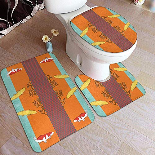 WEURIGEF Alfombras de baño Conjuntos 3 Piezas Koi Cute Painting River Bath Mats Sets Alfombras para baño Lavable en Forma de U Alfombra de Contorno Alfombra y Tapa