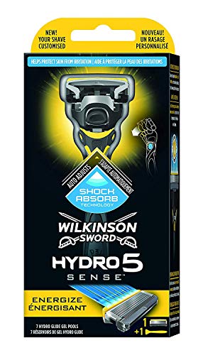 Wilkinson Sword - Maquinilla de Afeitar Hydro 5 Sense Energize + 8 Recambios de Cuchillas de Afeitar, Menta Energizante - Maquina de afeitar de 5 cuchillas con amortiguador Shock Absorb