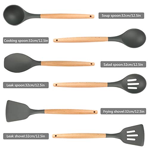 WisFox Utensilios Cocina de Silicona,Antiadherente con Mango de Madera para Utensilios, Calor Utensilios De Cocina Antiadherente 11 Piezas + 10 S Ganchos - Gris